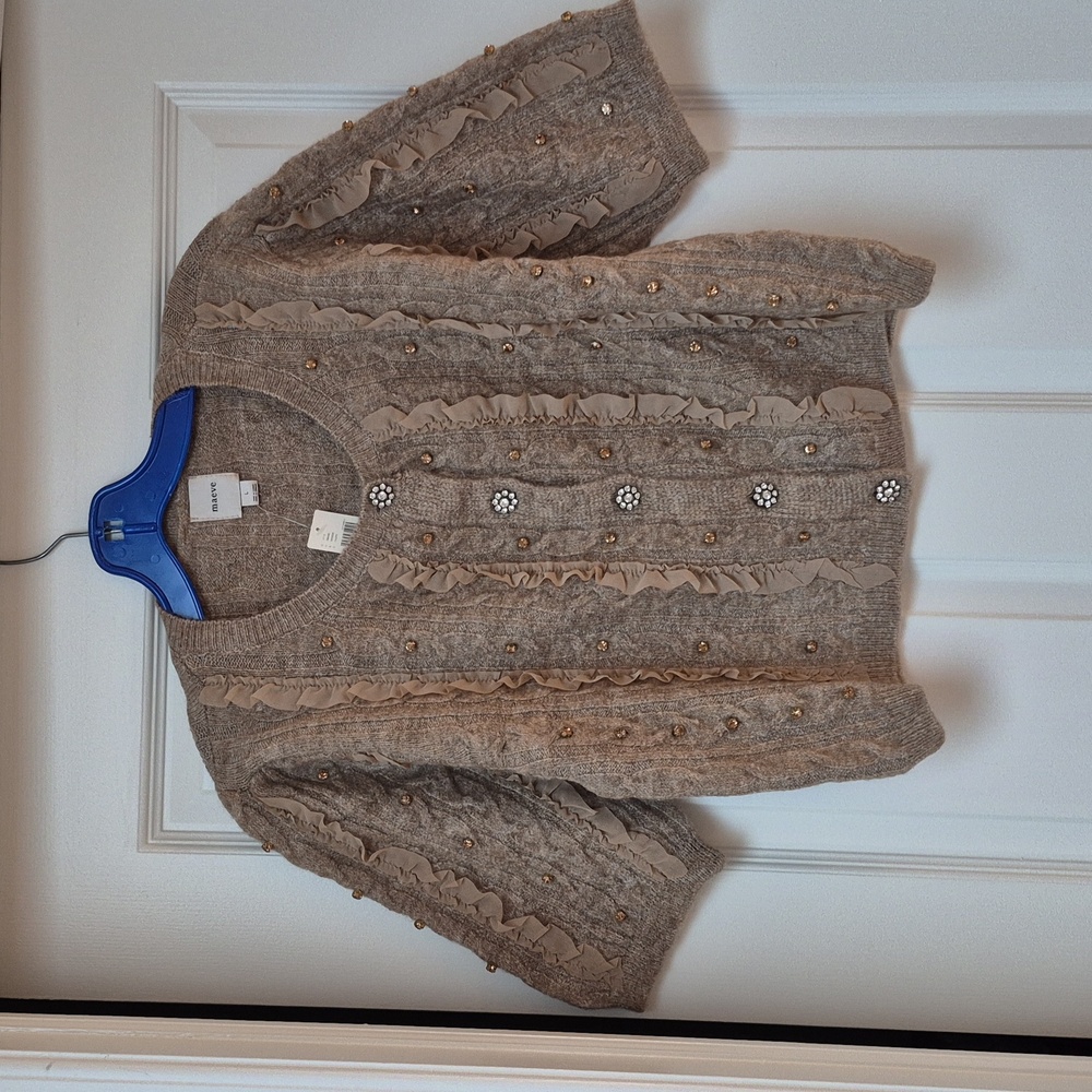 Anthropologie Maeve Short Sleeve Embellished Ruffle Cardigan Size L, New! - Picture 6 of 14